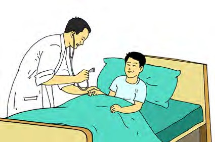 Doctor in a white coat using a stethoscope to examine a child sitting up in a hospital bed, both appear calm in a clean and bright hospital room