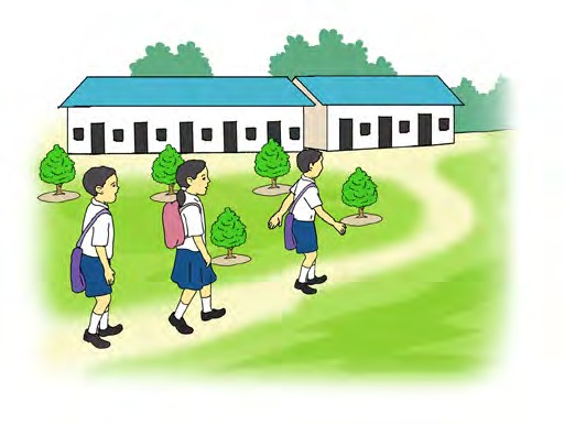 Three school children in uniform with backpacks walking on a path toward school buildings surrounded by small trees and greenery, calm and focused atmosphere