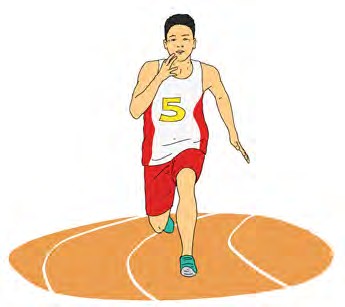 Male athlete wearing a white and red sports uniform with the number 5 running on an outdoor track, one arm bent and the other extended, focused and energetic atmosphere