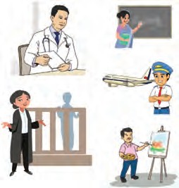 Various professionals including a doctor with a stethoscope, a teacher writing on a chalkboard, a pilot standing near an airplane, a lawyer speaking in a courtroom, and an artist painting on a canvas. The background suggests a classroom or educational setting. The mood is positive and focused, highlighting people engaged in their respective occupations. No visible text in the image.